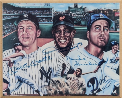 Mickey Mantle, Willie Mays & Duke Snider Multi Signed 8x10 Artwork Plaque (PSA/DNA)